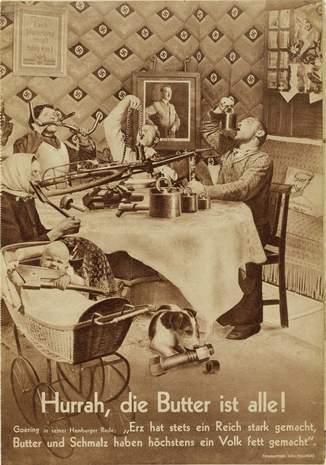 Satirisches Poster: Familie am Tisch, Baby im Kinderwagen, Hund, Hakenkreuzmuster an der Wand, Schriftzug 'Hurrah, die Butter ist alle!'